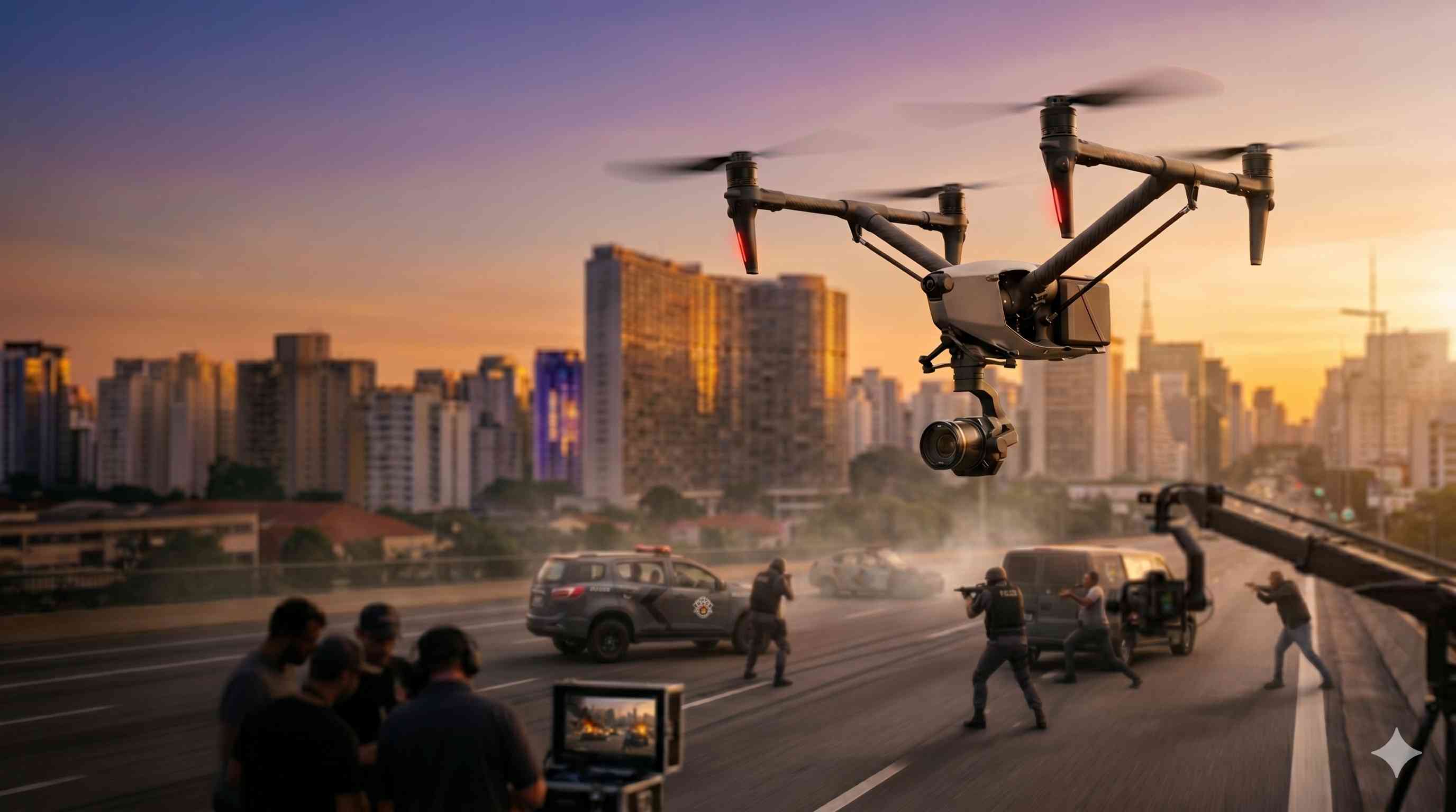 Drone da ONESOLVE em operação de cinematografia aérea sobre cenário urbano